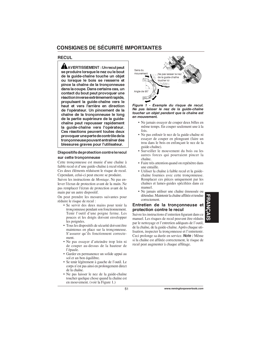 Remington Power Tools M35016AW, M30016AS, M15014AS Recul, Entretien de la tronçonneuse et protection contre le recul 