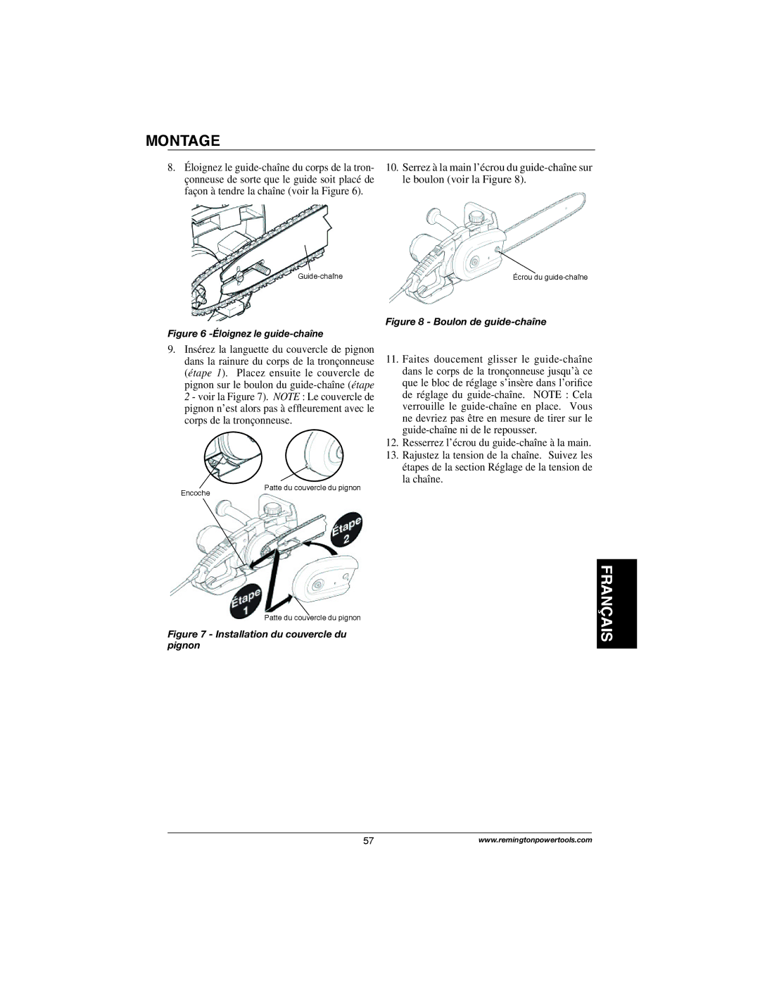 Remington Power Tools M35016AW, M30016AS, M15014AS, M15012US, M30016US, M30016AW owner manual Éloignez le guide-chaîne 