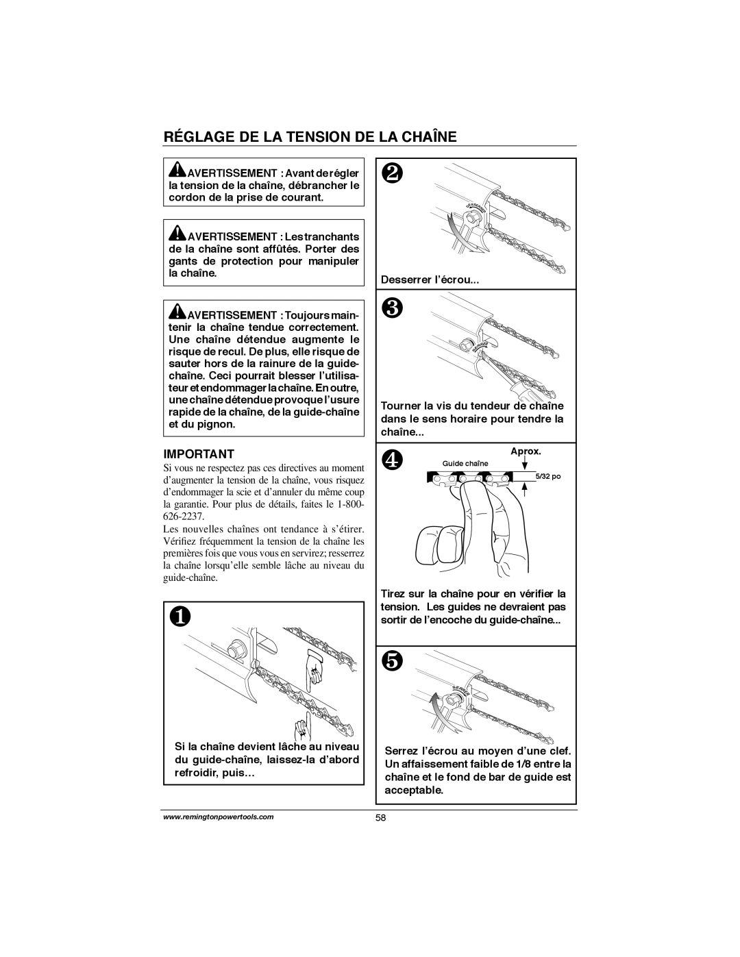 Remington Power Tools M30016US, M30016AS, M15014AS, M15012US, M35016AW, M30016AW owner manual Réglage DE LA Tension DE LA Chaîne 