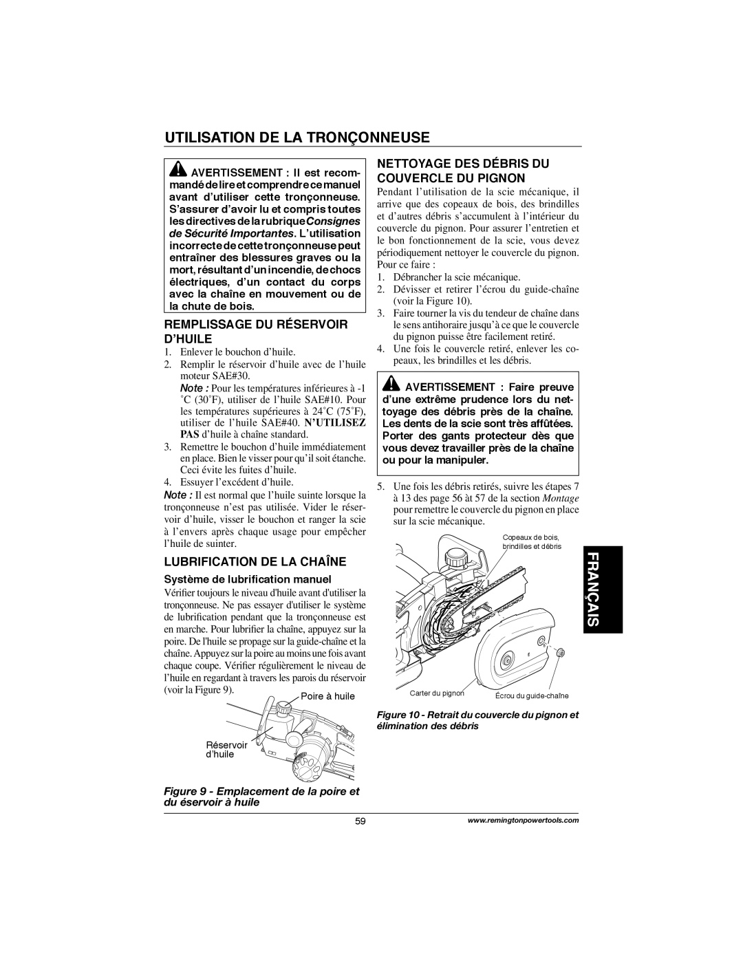 Remington Power Tools M30016AW, M30016AS, M15014AS Utilisation DE LA Tronçonneuse, Remplissage DU Réservoir D’HUILE 