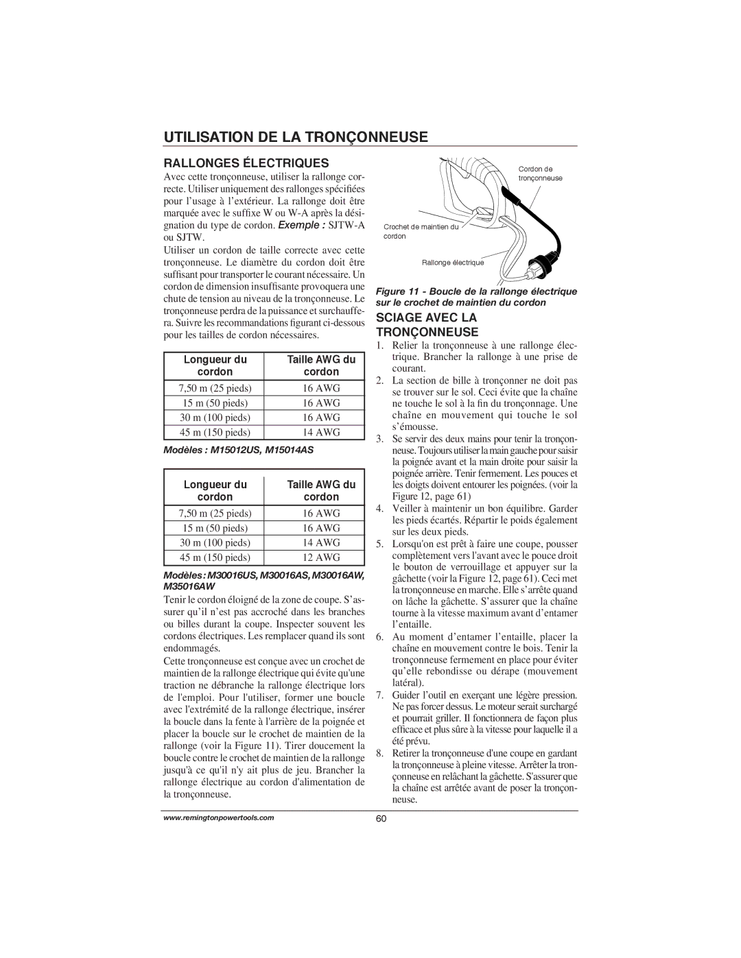 Remington Power Tools M30016AS, M15014AS Rallonges Électriques, Sciage Avec LA Tronçonneuse, Longueur du Taille AWG du 