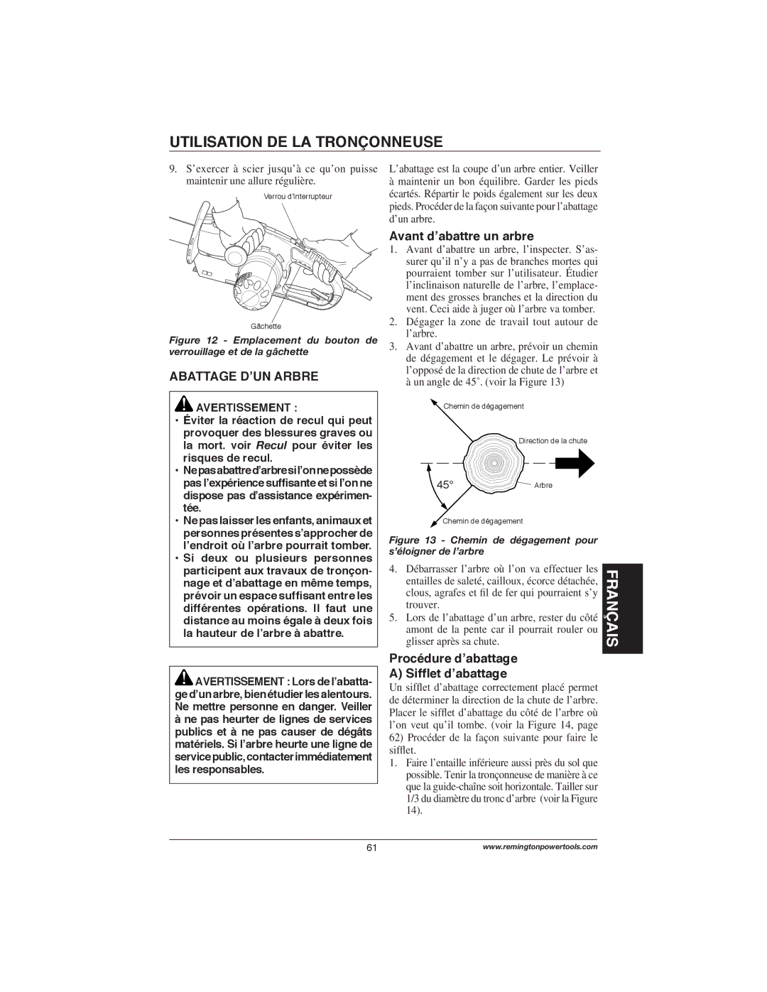 Remington Power Tools M15014AS Abattage D’UN Arbre, Avant d’abattre un arbre, Procédure d’abattage Sifﬂet d’abattage 