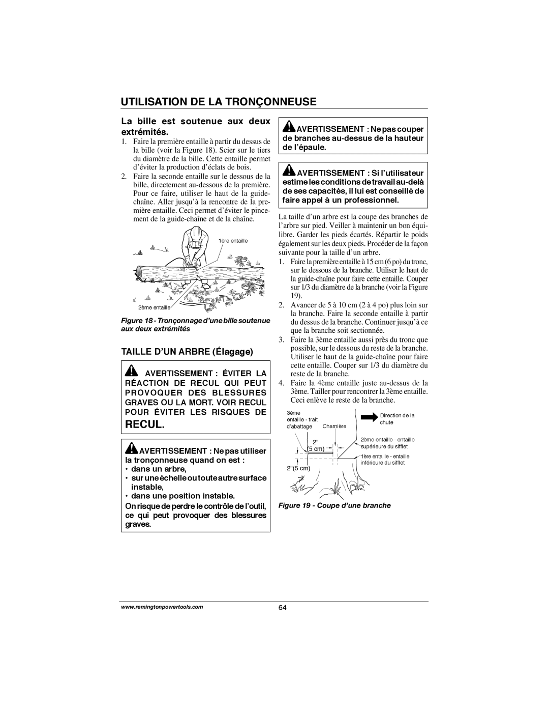 Remington Power Tools M30016US, M30016AS Recul, La bille est soutenue aux deux extrémités, Taille D’UN Arbre Élagage 