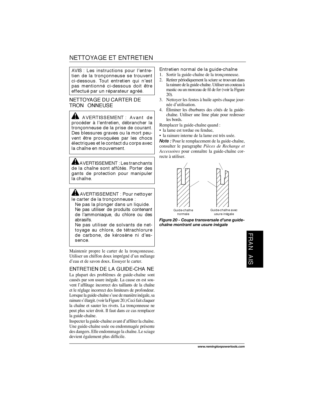 Remington Power Tools M30016AW Nettoyage ET Entretien, Nettoyage DU Carter DE Tronçonneuse, Entretien DE LA GUIDE-CHAÎNE 