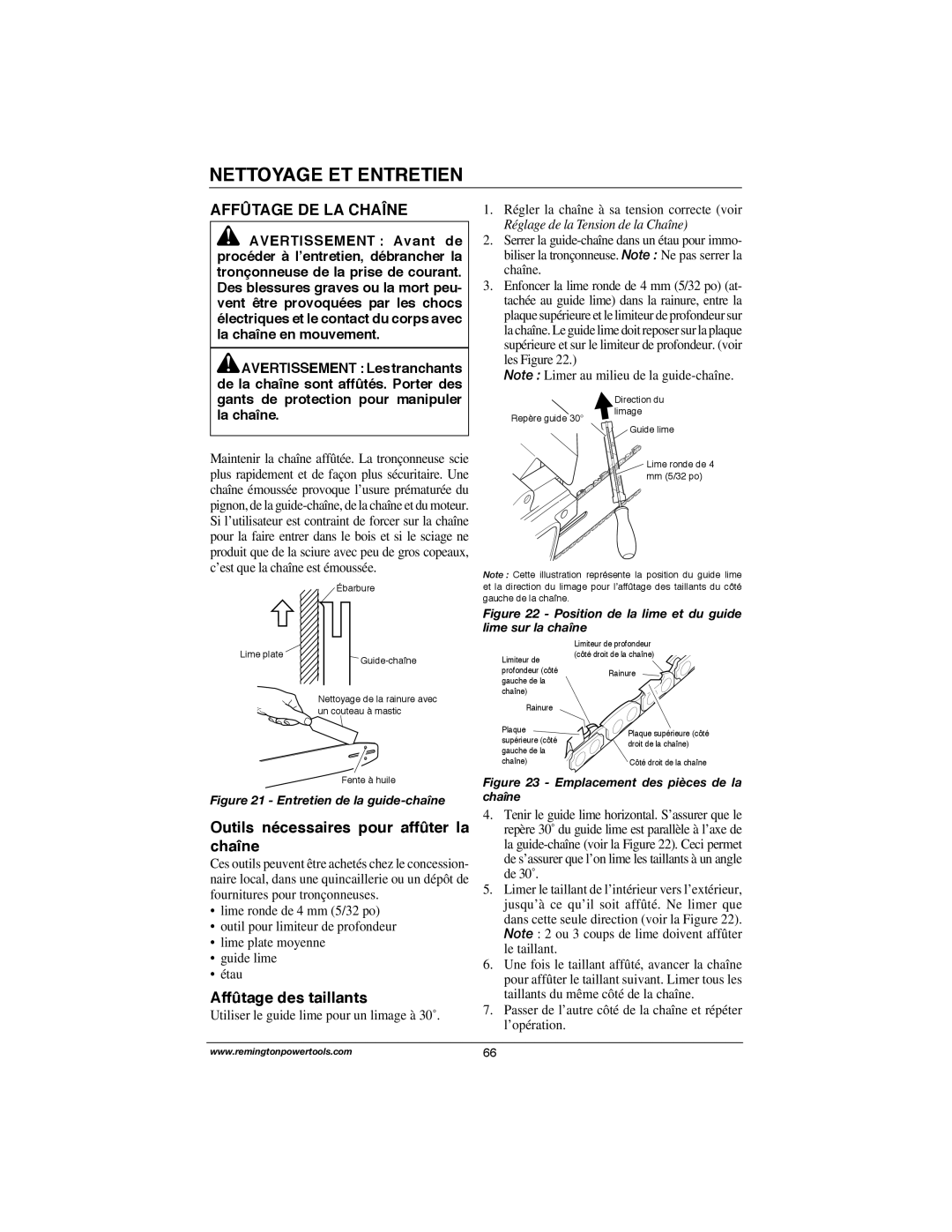 Remington Power Tools M30016AS Affûtage DE LA Chaîne, Outils nécessaires pour affûter la chaîne, Affûtage des taillants 