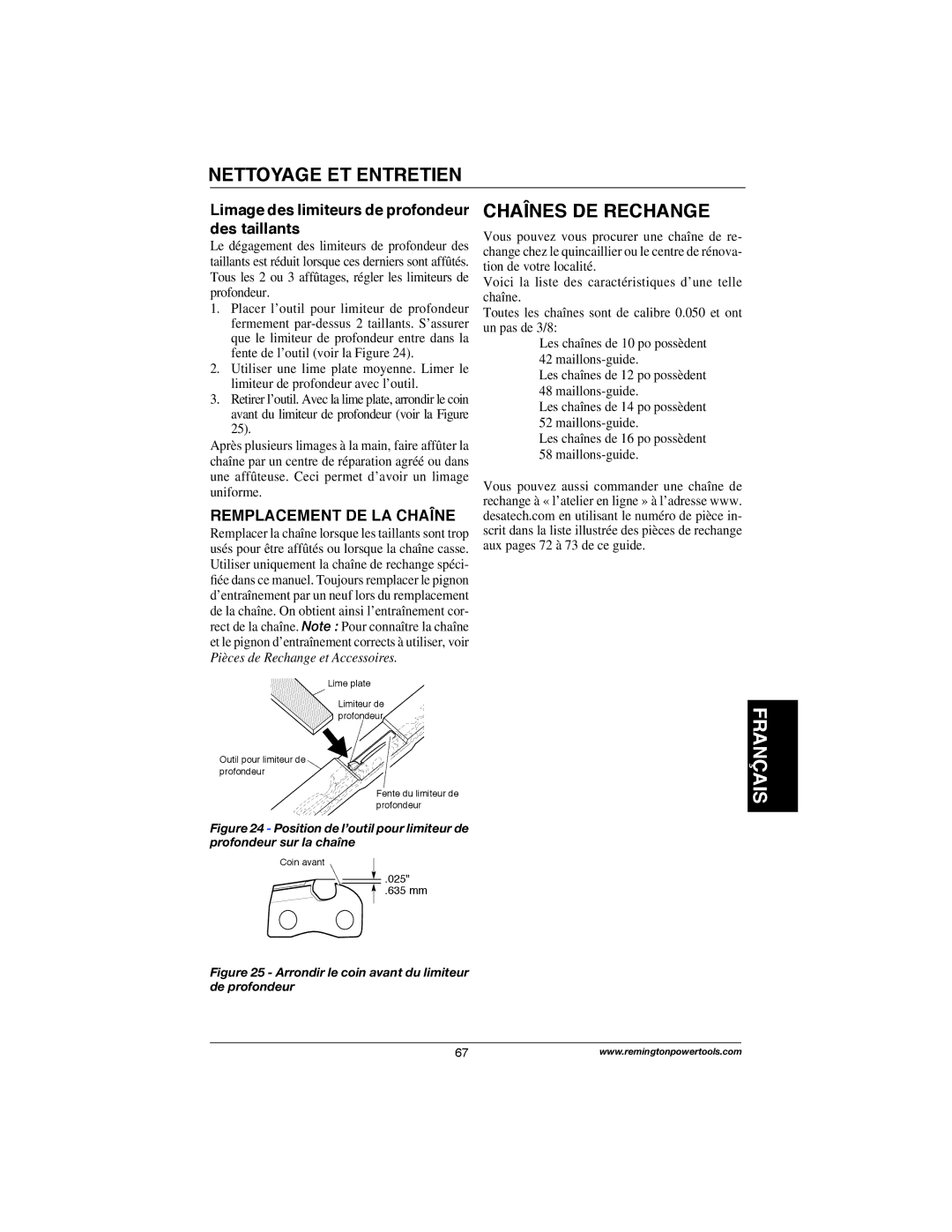 Remington Power Tools M15014AS, M30016AS, M15012US Chaînes DE Rechange, Limage des limiteurs de profondeur, Des taillants 