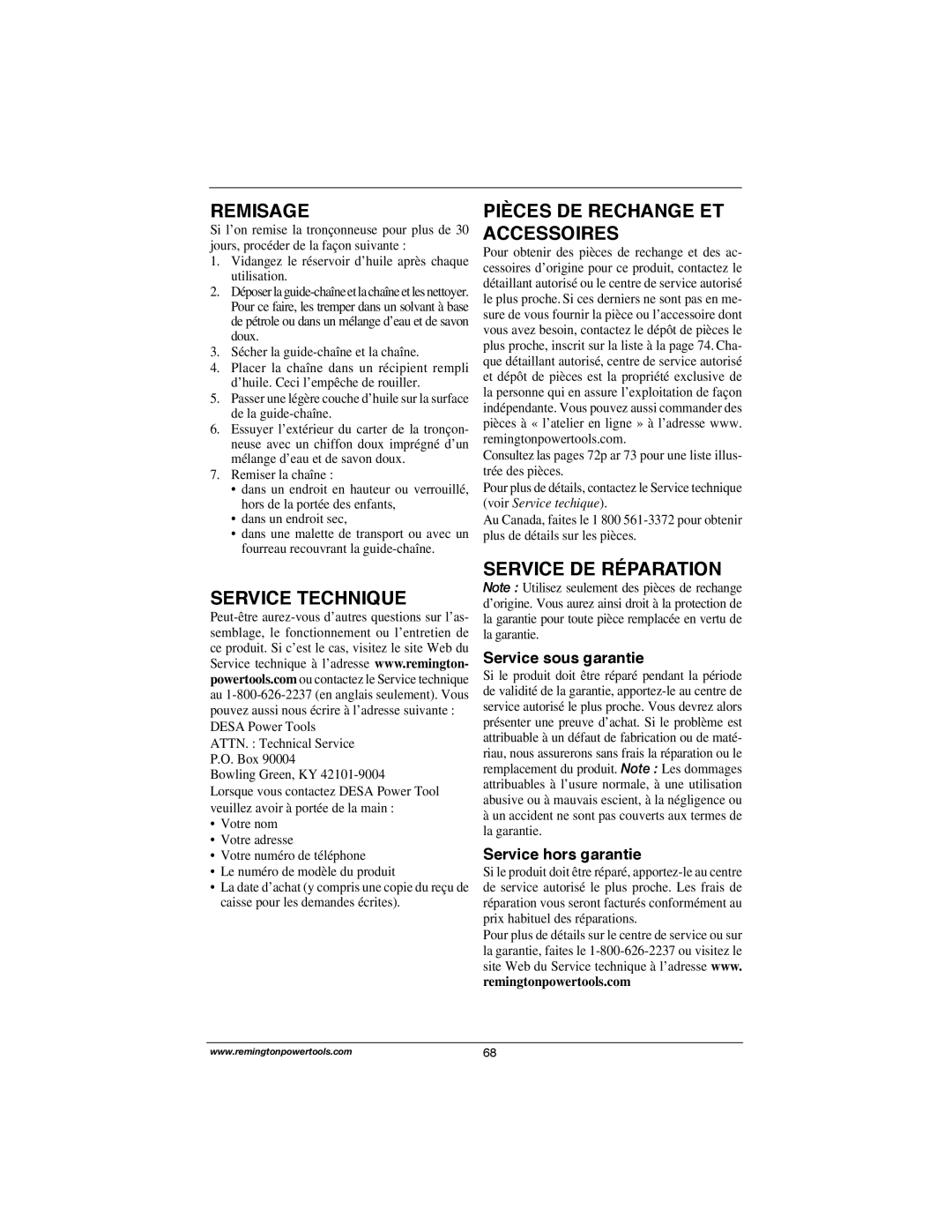 Remington Power Tools M15012US Remisage, Service Technique, Pièces DE Rechange ET Accessoires, Service DE Réparation 