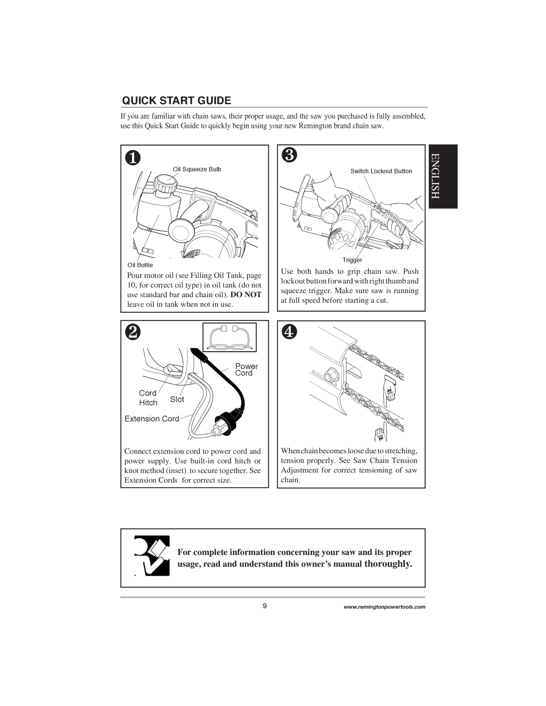 Remington Power Tools M35016AW, M30016AS, M15014AS, M15012US Quick Start Guide, Power Cord Hitch Slot Extension Cord 