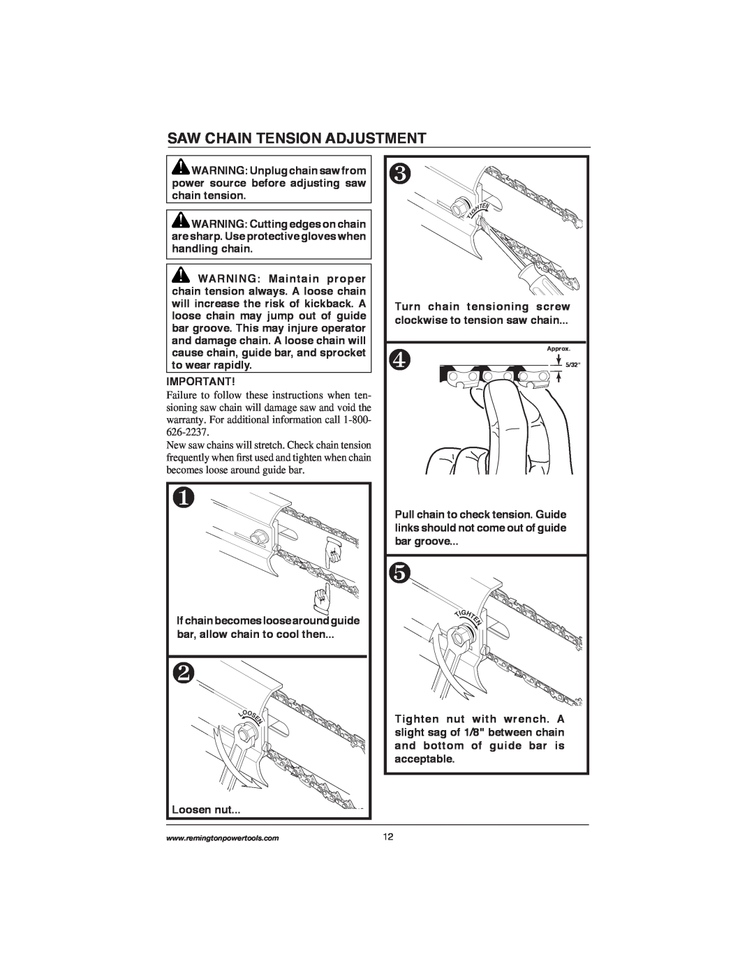 Remington Power Tools M30016AS, M15014AS, M15012US, M35016AW, M30016US, M30016AW owner manual Saw Chain Tension Adjustment 