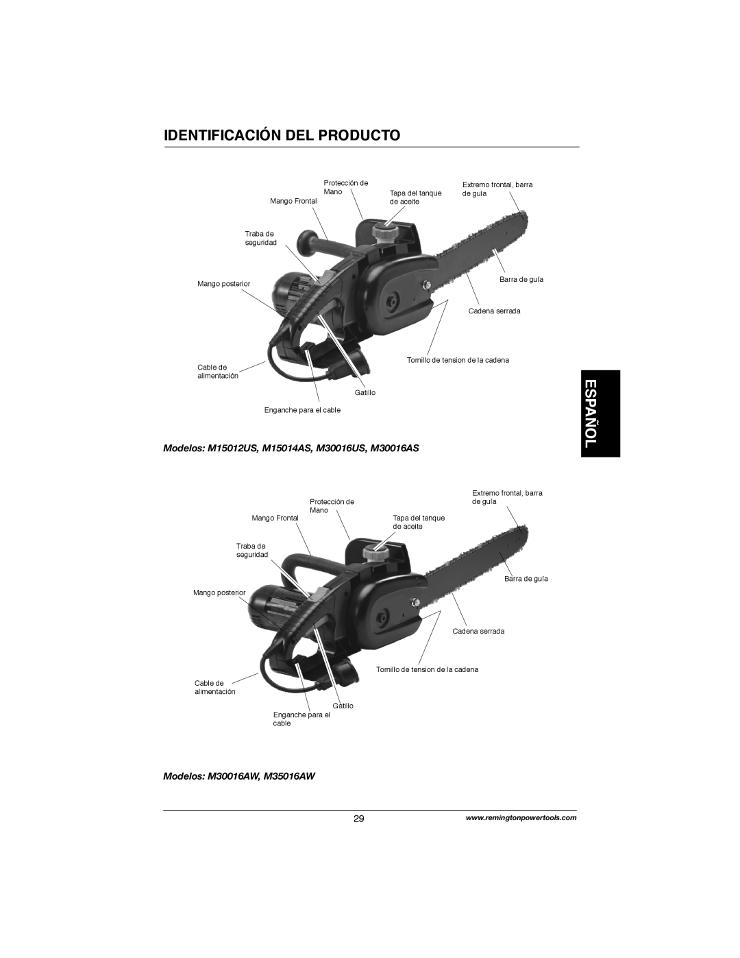 Remington Power Tools M30016AW Identificación Del Producto, Español, Modelos M15012US, M15014AS, M30016US, M30016AS 