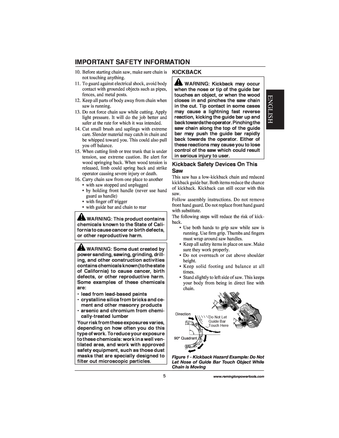 Remington Power Tools M30016AW, M30016AS Kickback Safety Devices On This Saw, Important Safety Information, English 