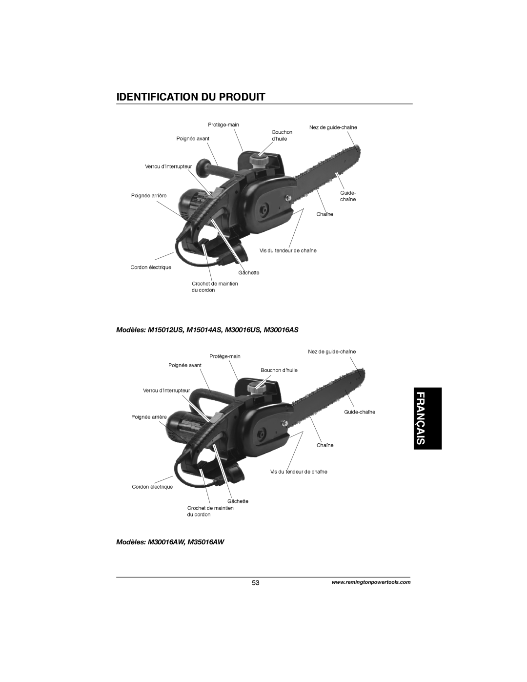 Remington Power Tools M30016AW Identification Du Produit, Français, Modèles M15012US, M15014AS, M30016US, M30016AS 