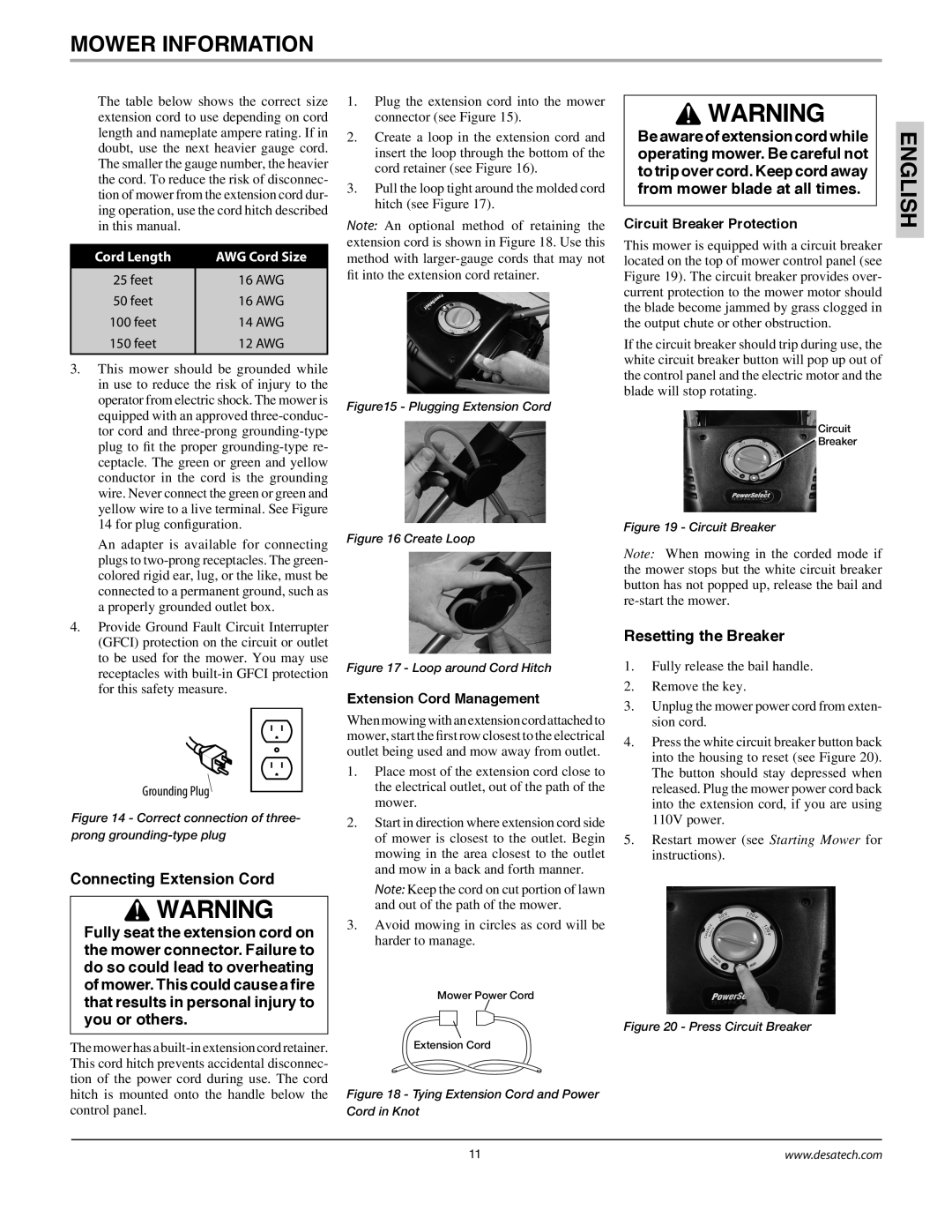 Remington Power Tools MPS6017A manual Connecting Extension Cord, Resetting the Breaker, Extension Cord Management 