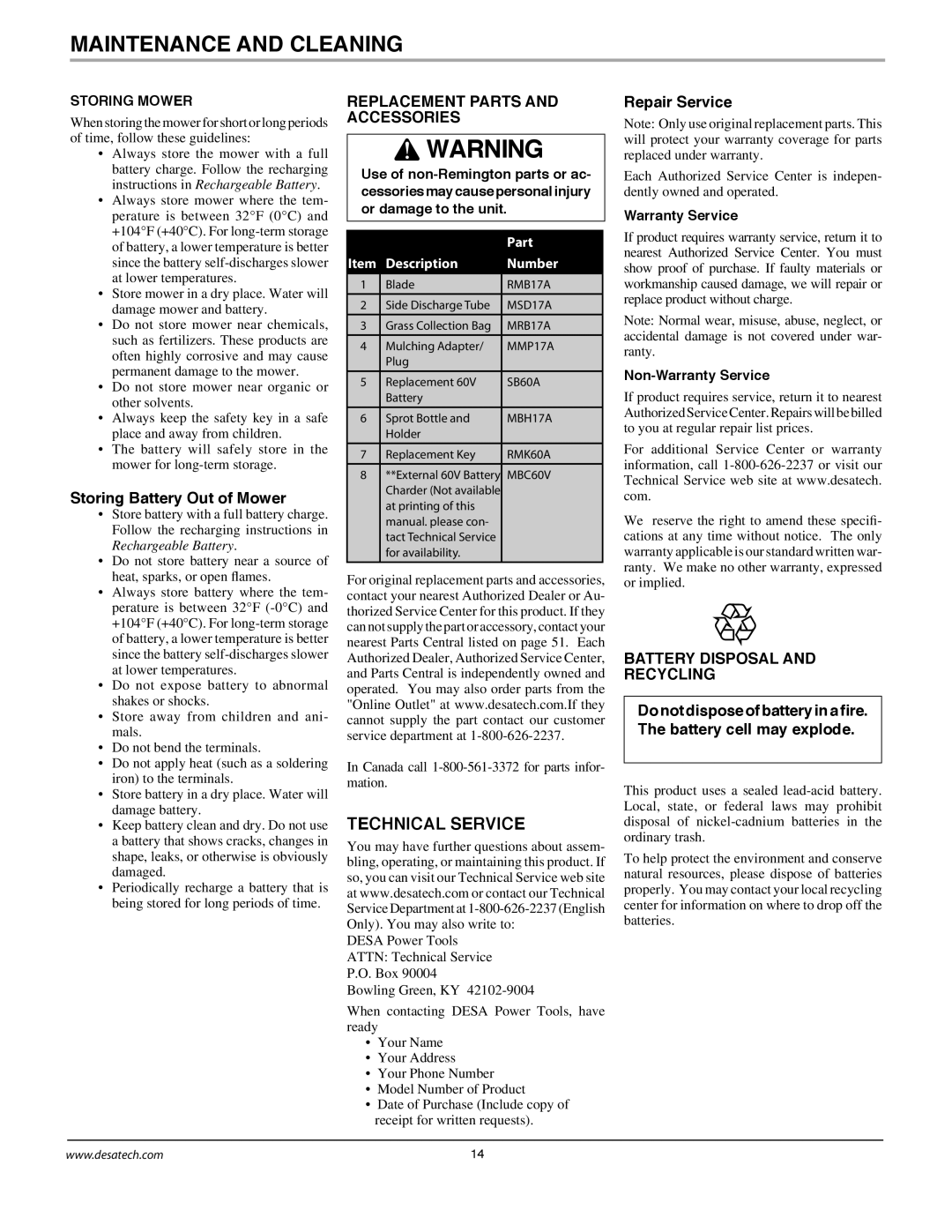 Remington Power Tools MPS6017A manual Technical Service, Storing Battery Out of Mower, Replacement Parts and Accessories 