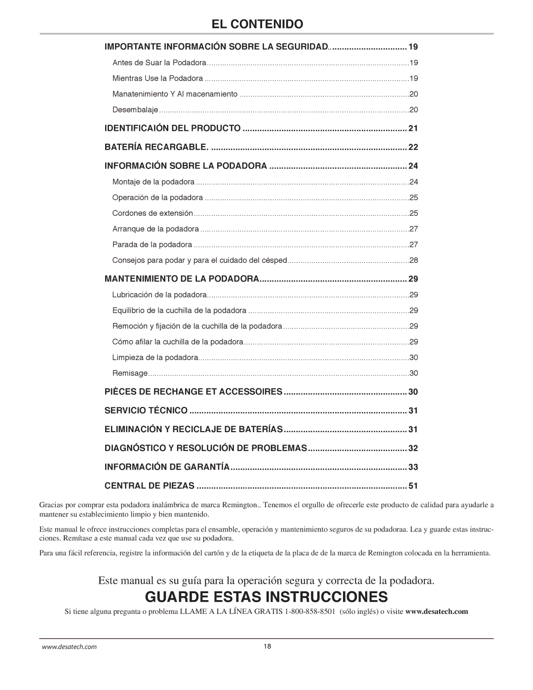 Remington Power Tools MPS6017A manual EL Contenido, Diagnóstico Y Resolución DE Problemas, Mantenimiento DE LA Podadora 