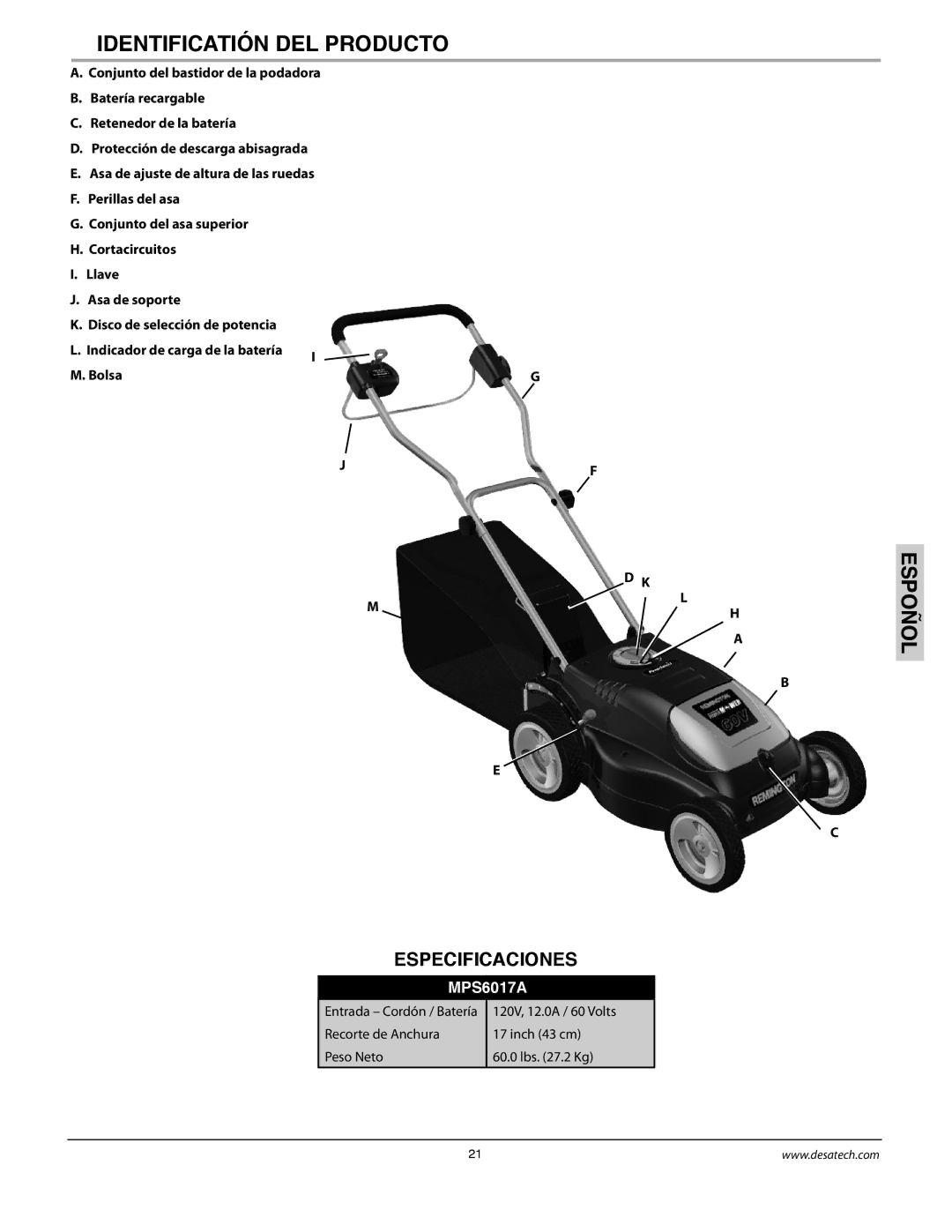 Remington Power Tools MPS6017A manual Identificatión DEL Producto, Especificaciones 