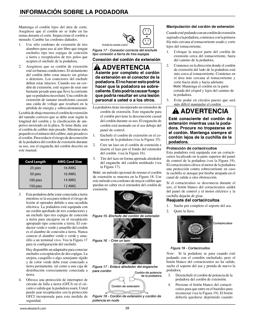 Remington Power Tools MPS6017A Conexión del cordón de extensión, Reajuste del cortacircuitos, Protección de cortacircuitos 