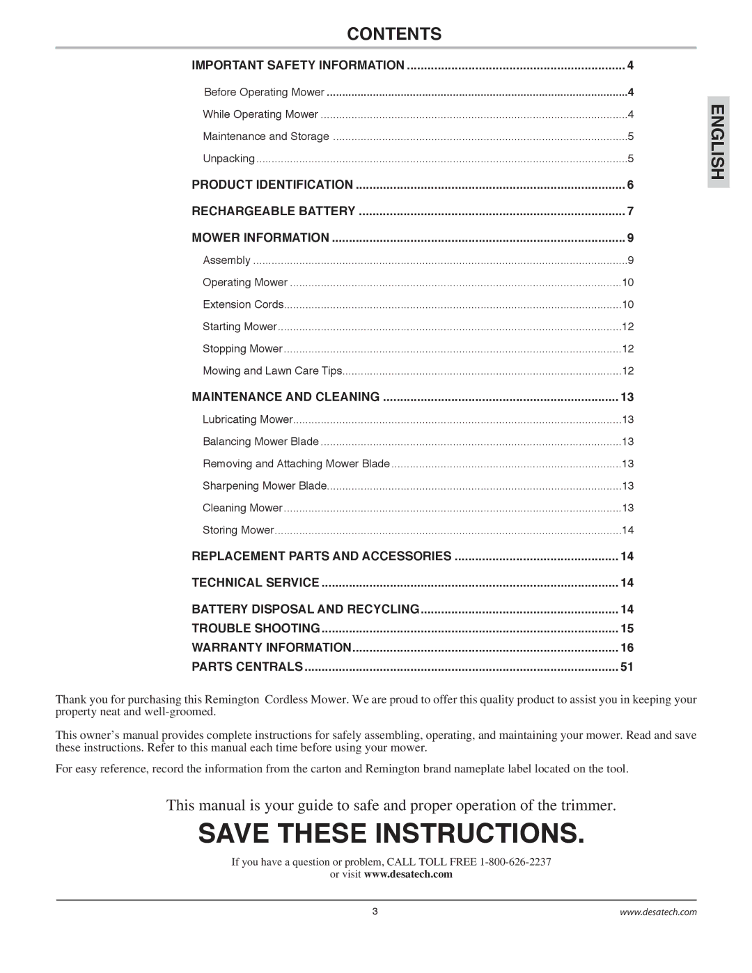 Remington Power Tools MPS6017A manual Contents 