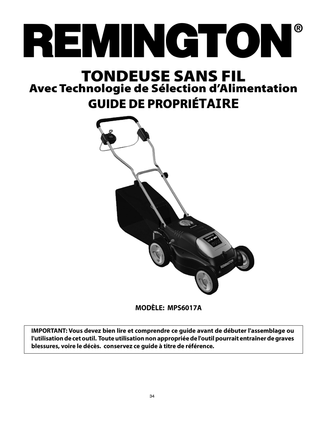 Remington Power Tools MPS6017A manual Tondeuse Sans FIL 