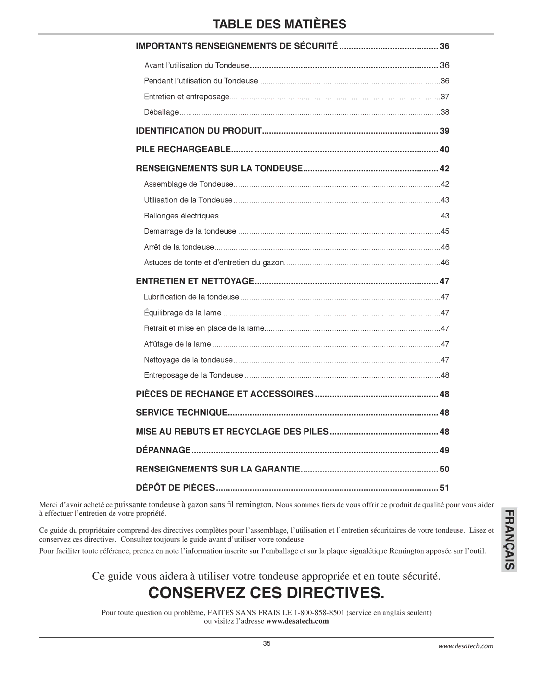 Remington Power Tools MPS6017A manual Table DES Matières, Mise AU Rebuts ET Recyclage DES Piles 