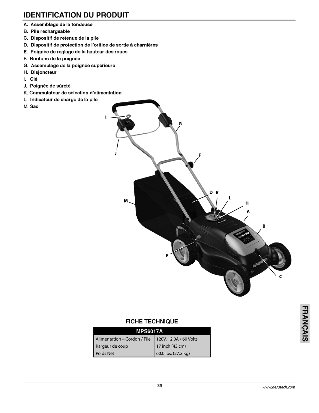 Remington Power Tools MPS6017A manual Identification DU Produit, Fiche Technique 