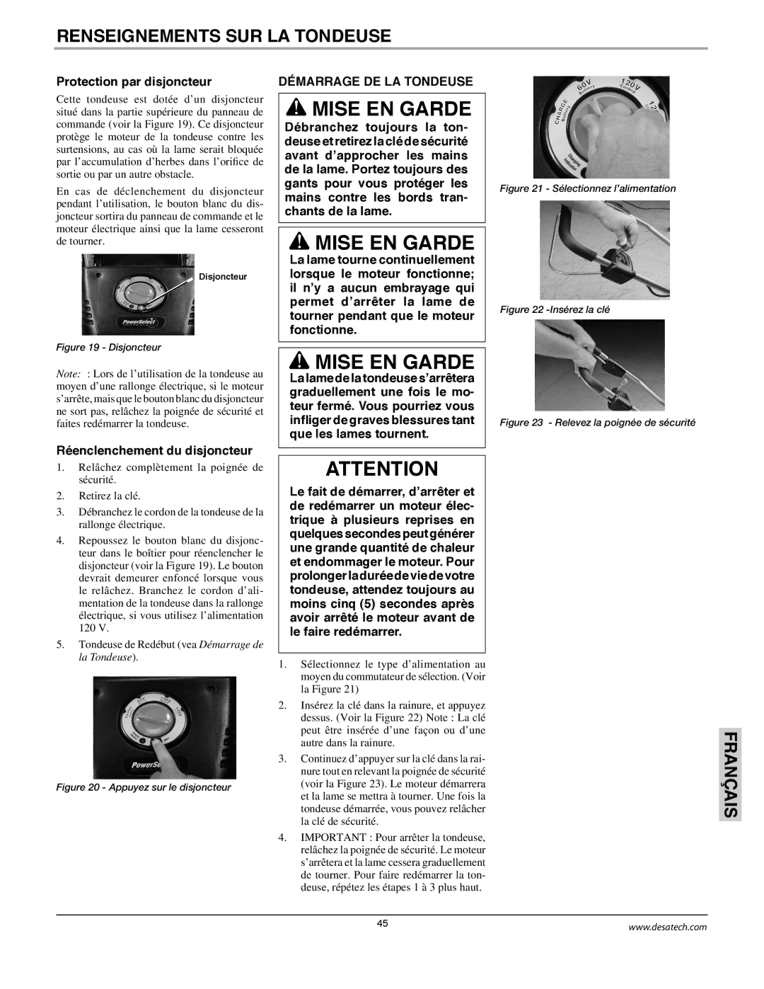 Remington Power Tools MPS6017A manual Protection par disjoncteur, Réenclenchement du disjoncteur, Démarrage DE LA Tondeuse 