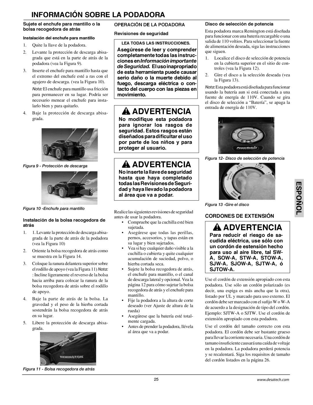 Remington Power Tools MPS6017A manual Advertencia, Información Sobre La Podadora, Espoñol, Cordones De Extensión 