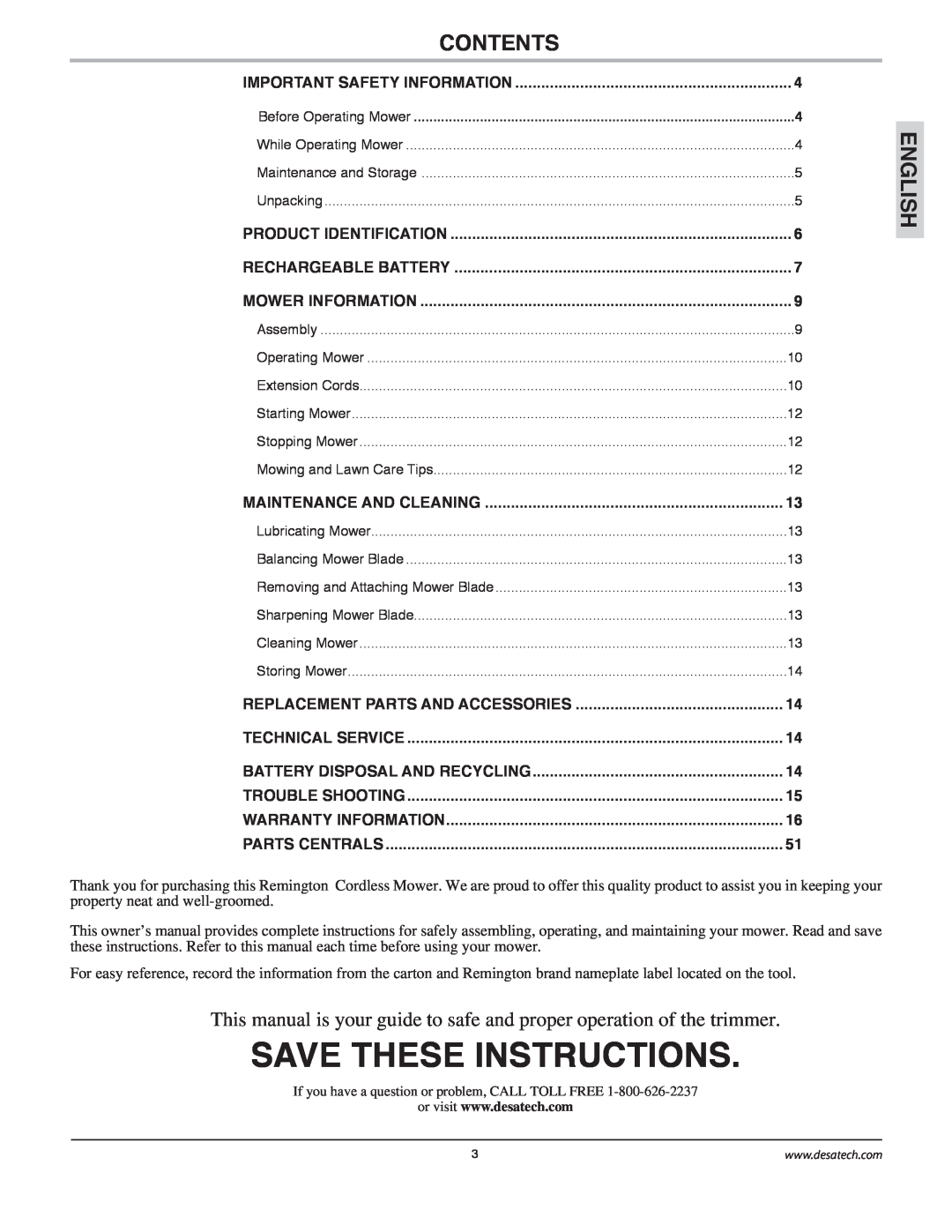 Remington Power Tools MPS6017A manual Save These Instructions, Contents, English 