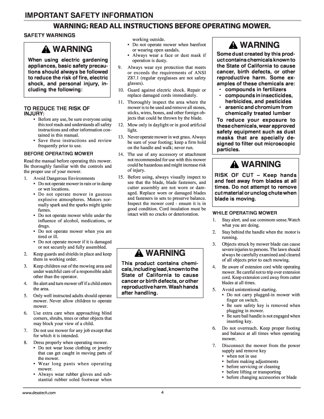 Remington Power Tools MPS6017A manual Important Safety Information, Warning Read All Instructions Before Operating Mower 