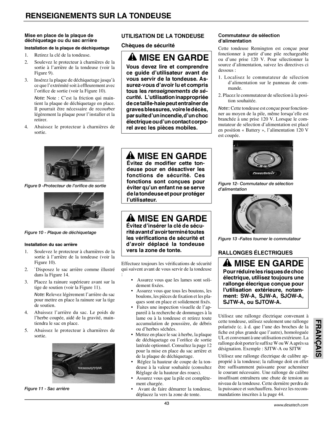 Remington Power Tools MPS6017A manual Mise En Garde, Renseignements Sur La Tondeuse, Français, Rallonges Électriques 