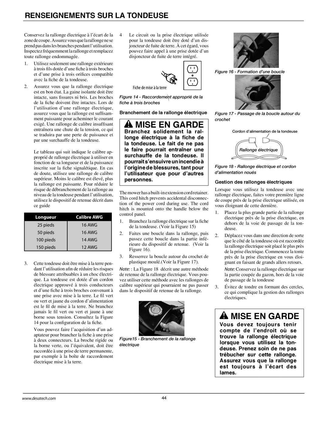 Remington Power Tools MPS6017A manual Mise En Garde, Renseignements Sur La Tondeuse, Longueur, Calibre AWG 