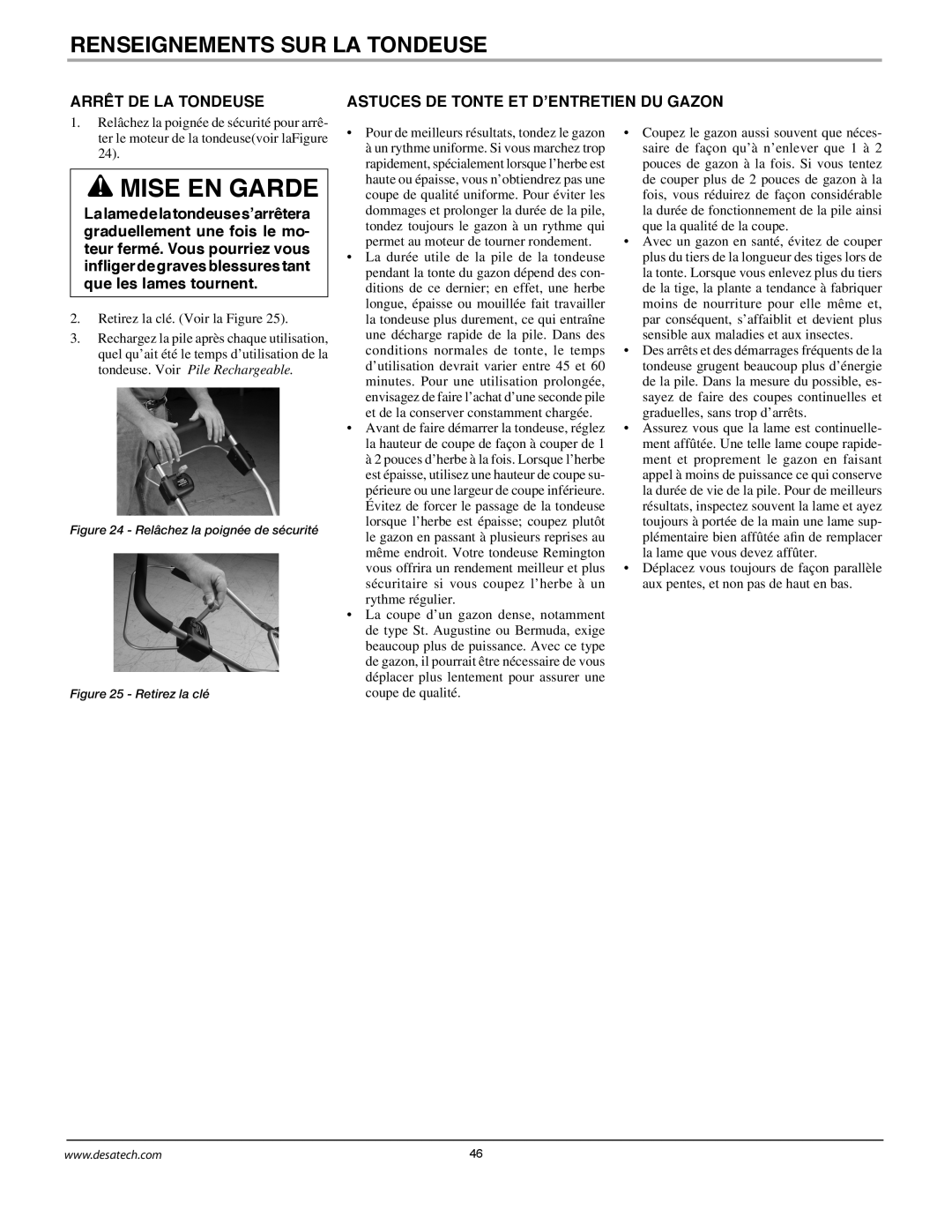 Remington Power Tools MPS6017A manual Mise En Garde, Renseignements Sur La Tondeuse, Arrêt De La Tondeuse 