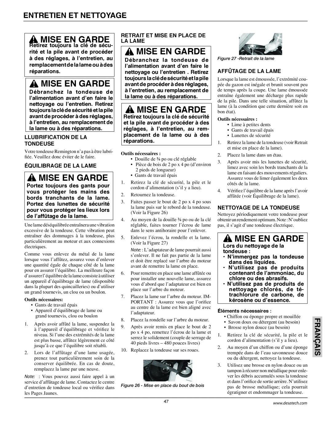 Remington Power Tools MPS6017A manual Entretien Et Nettoyage, Mise En Garde, Français, Llubrification De La Tondeuse 