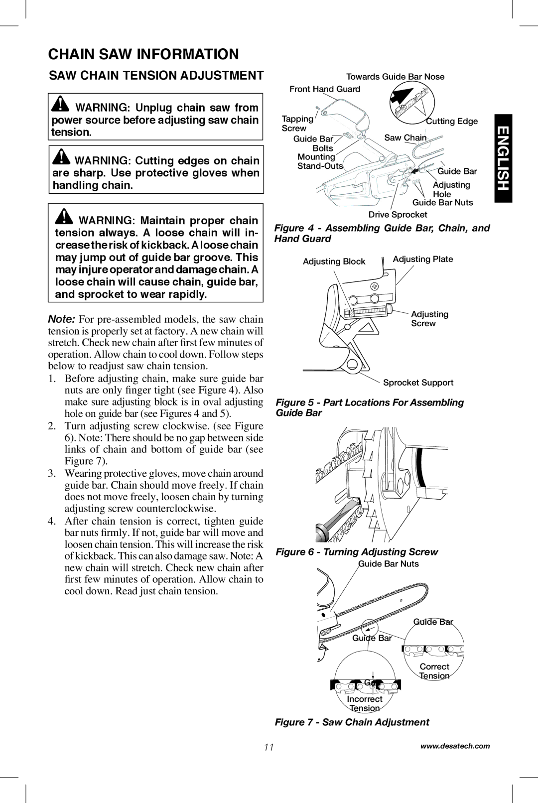 Remington Power Tools RPS2N1, 104317, PS1510A manual Saw Chain Tension Adjustment, Hand Guard 