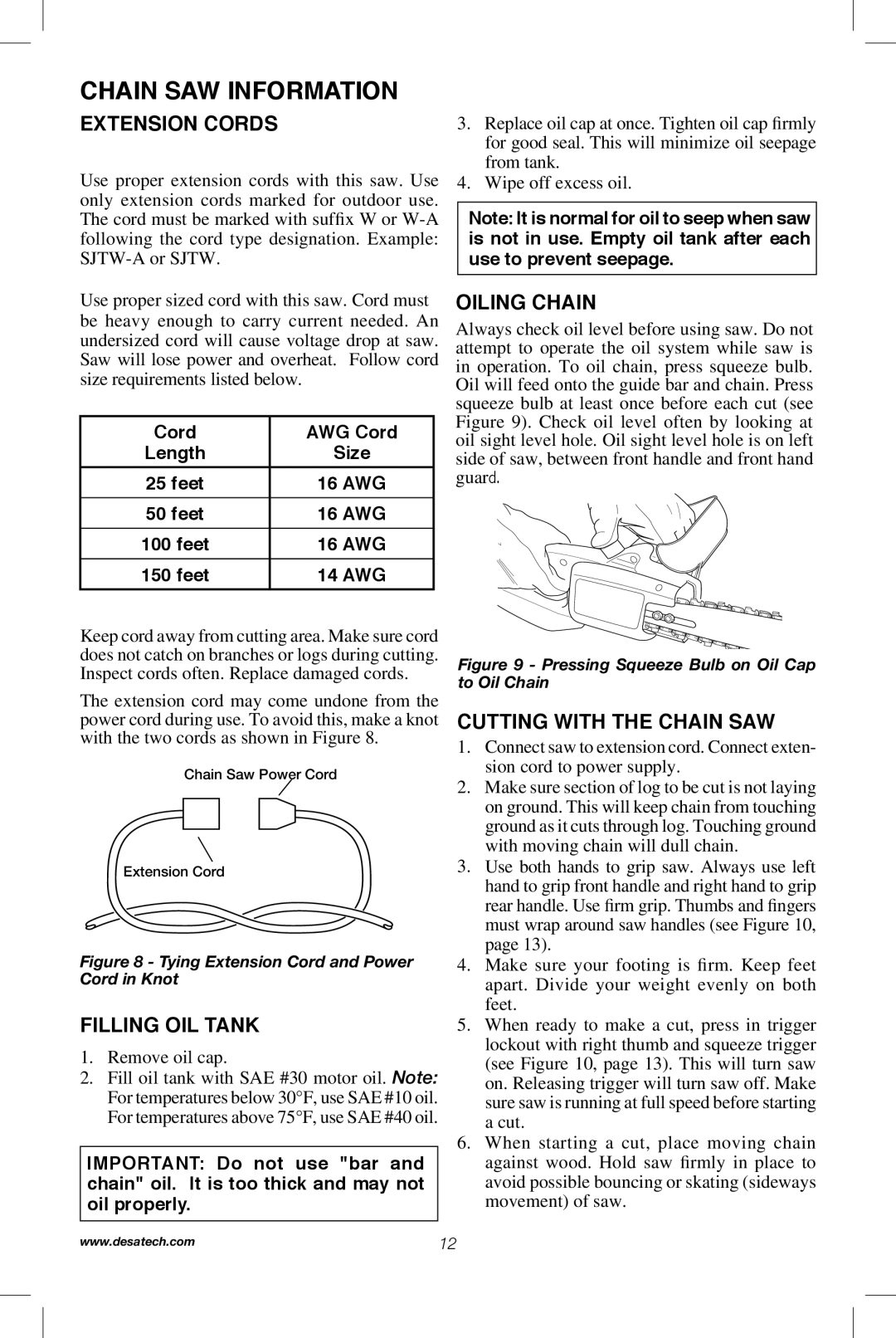 Remington Power Tools RPS2N1, 104317, PS1510A Extension Cords, Oiling Chain, Filling Oil Tank, Cutting with the Chain Saw 