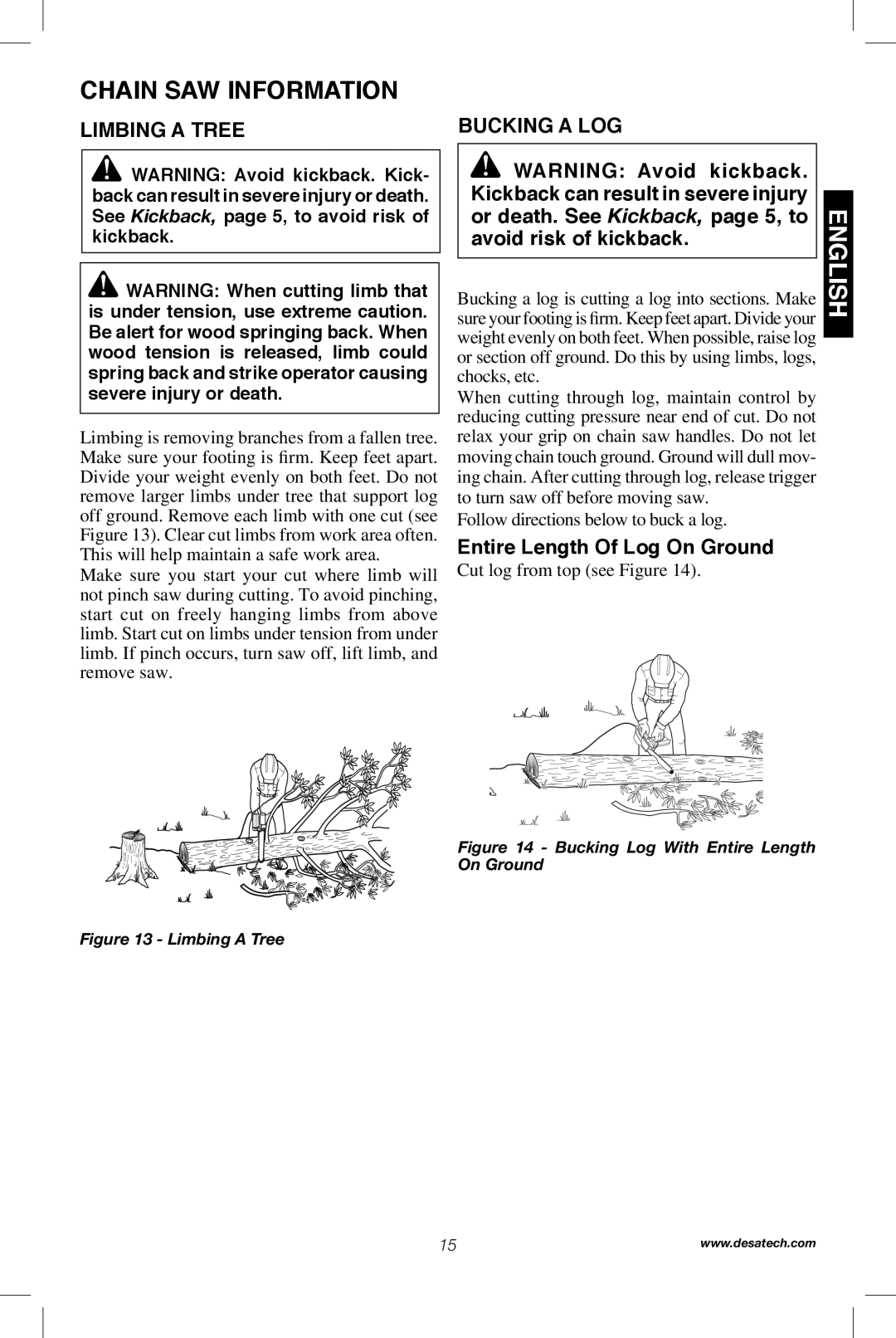 Remington Power Tools 104317, PS1510A manual Limbing a Tree, Bucking a Log, Entire Length Of Log On Ground 