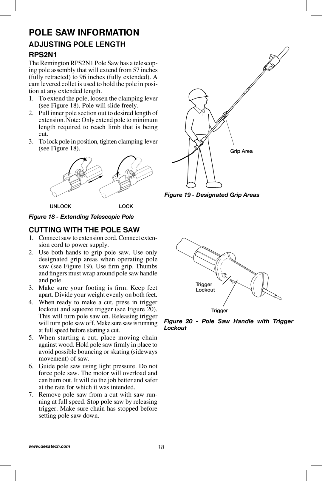 Remington Power Tools RPS2N1, 104317, PS1510A manual Adjusting Pole Length RPS2N1, Cutting with the Pole Saw 