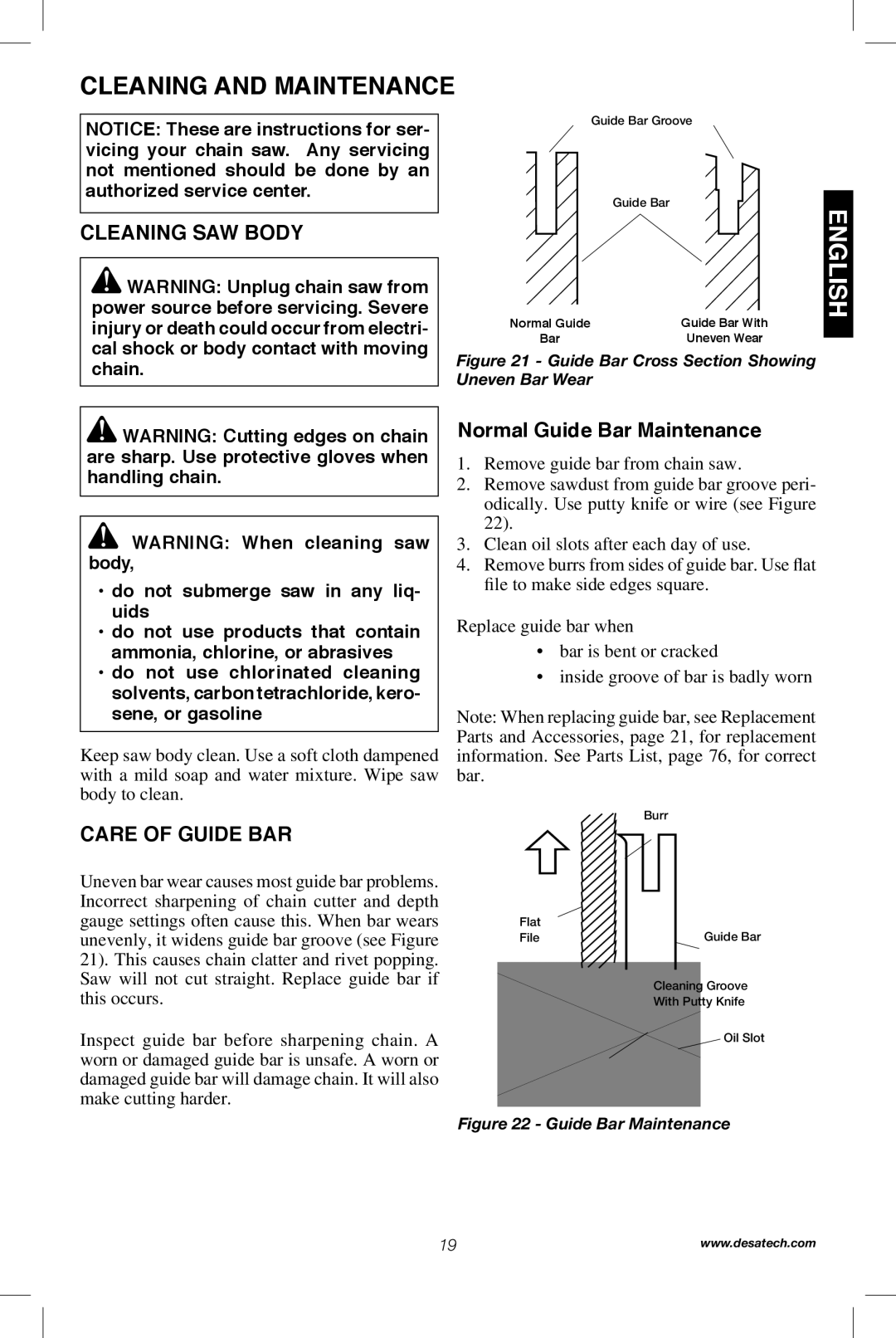 Remington Power Tools 104317, PS1510A manual Cleaning and Maintenance, Cleaning Saw Body, Care of Guide Bar 