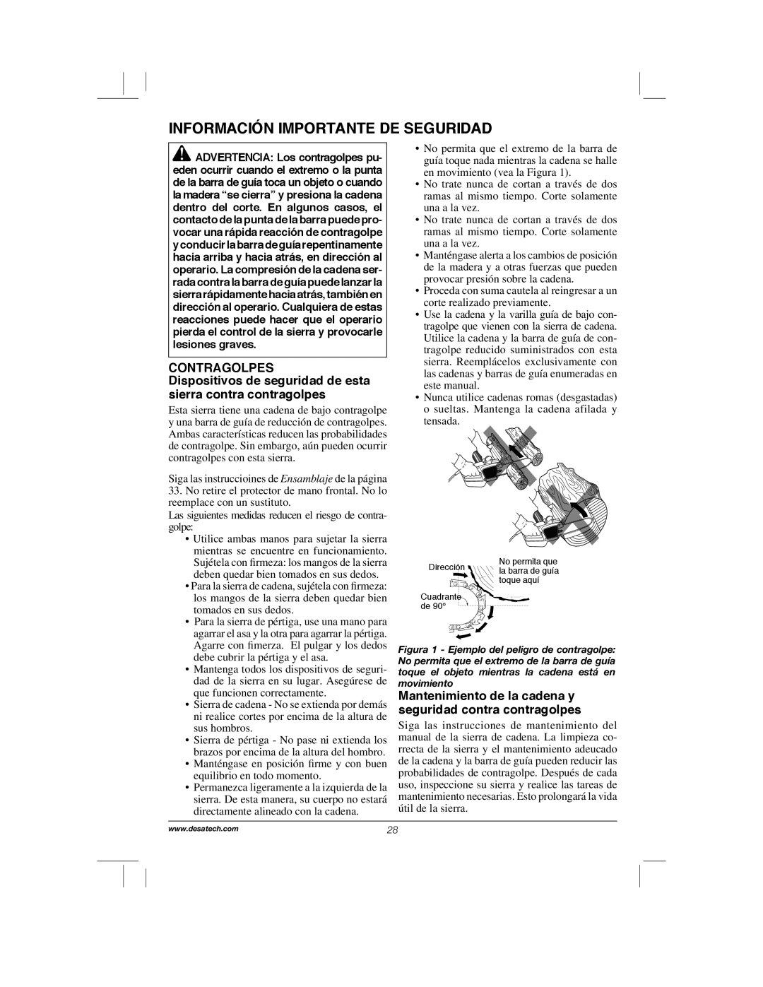 Remington Power Tools RPS2N1, 104317, PS1510A Contragolpes, Mantenimiento de la cadena y seguridad contra contragolpes 