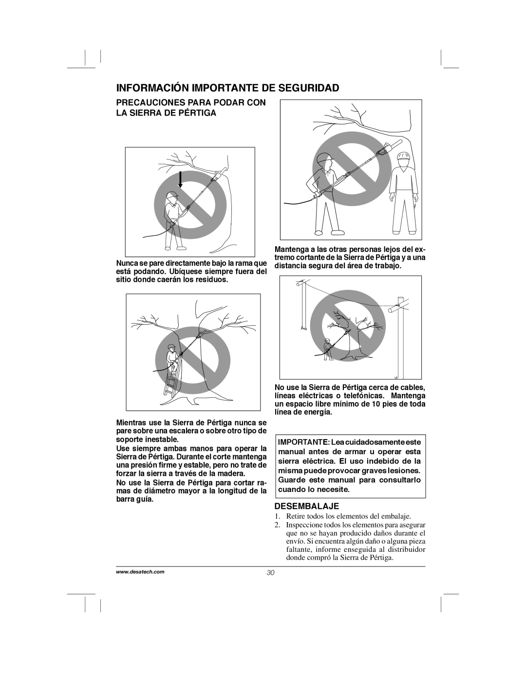 Remington Power Tools RPS2N1, 104317, PS1510A manual Precauciones Para Podar CON LA Sierra DE Pértiga, Desembalaje 