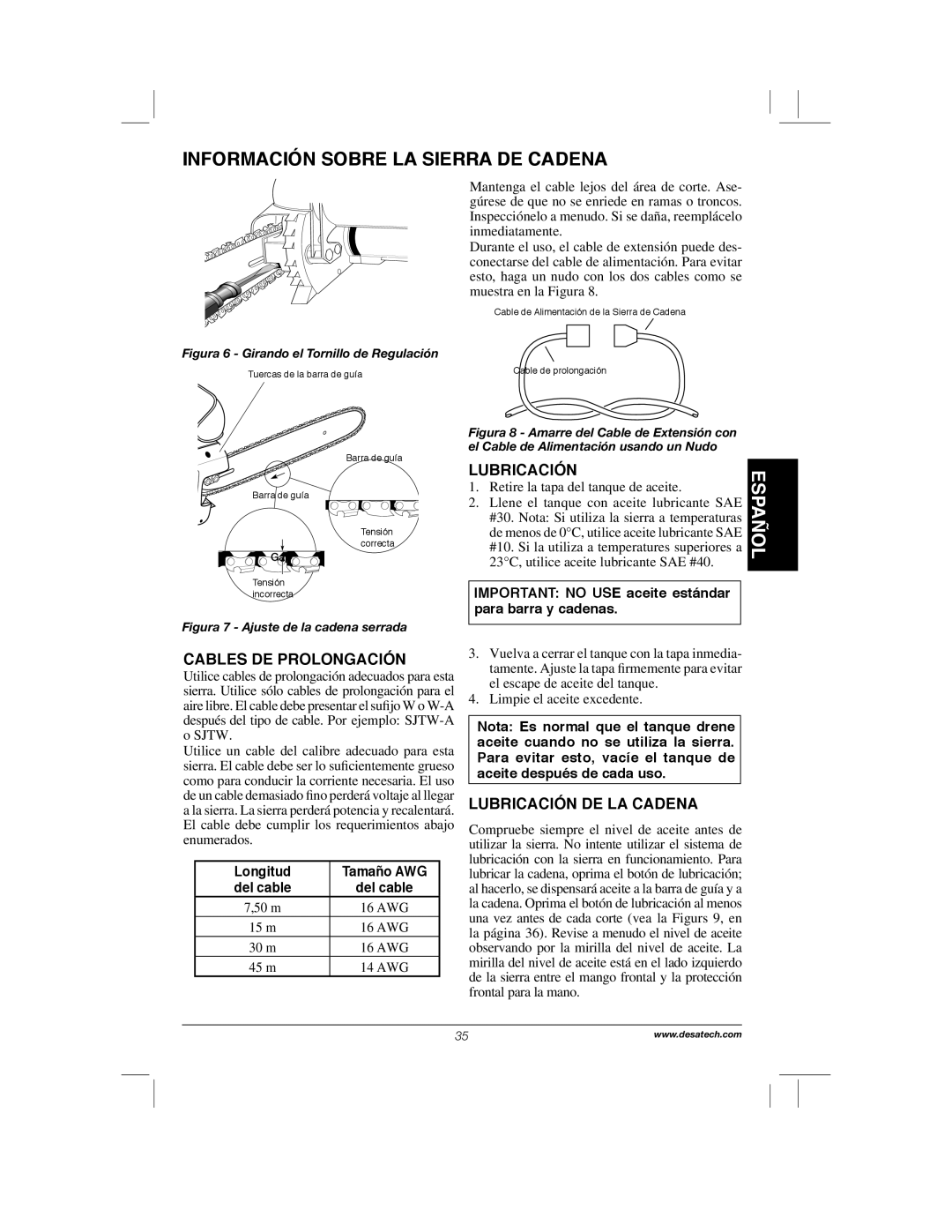 Remington Power Tools 104317, PS1510A manual Cables DE Prolongación, Lubricación DE LA Cadena, Longitud Tamaño AWG 