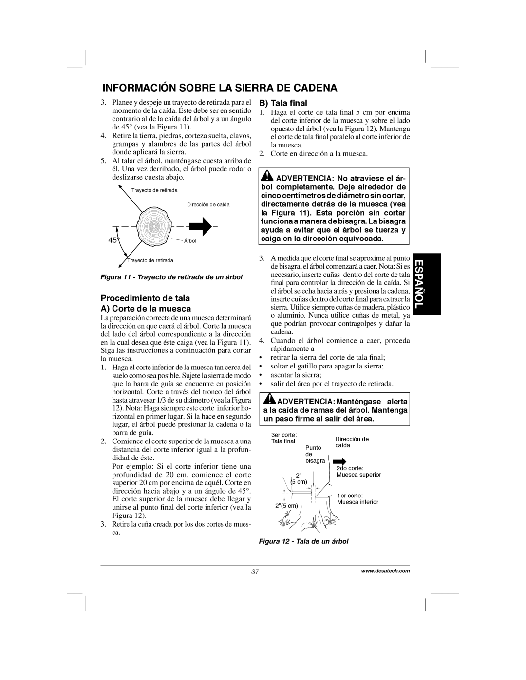 Remington Power Tools RPS2N1, 104317, PS1510A manual Procedimiento de tala Corte de la muesca, Tala ﬁnal 