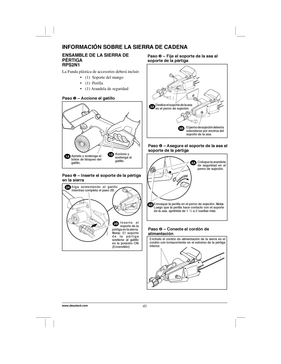 Remington Power Tools RPS2N1, 104317, PS1510A manual Ensamble DE LA Sierra DE Pértiga RPS2N1 