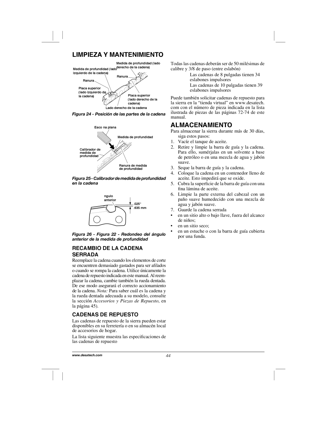 Remington Power Tools RPS2N1, 104317, PS1510A manual Almacenamiento, Recambio DE LA Cadena Serrada, Cadenas DE Repuesto 