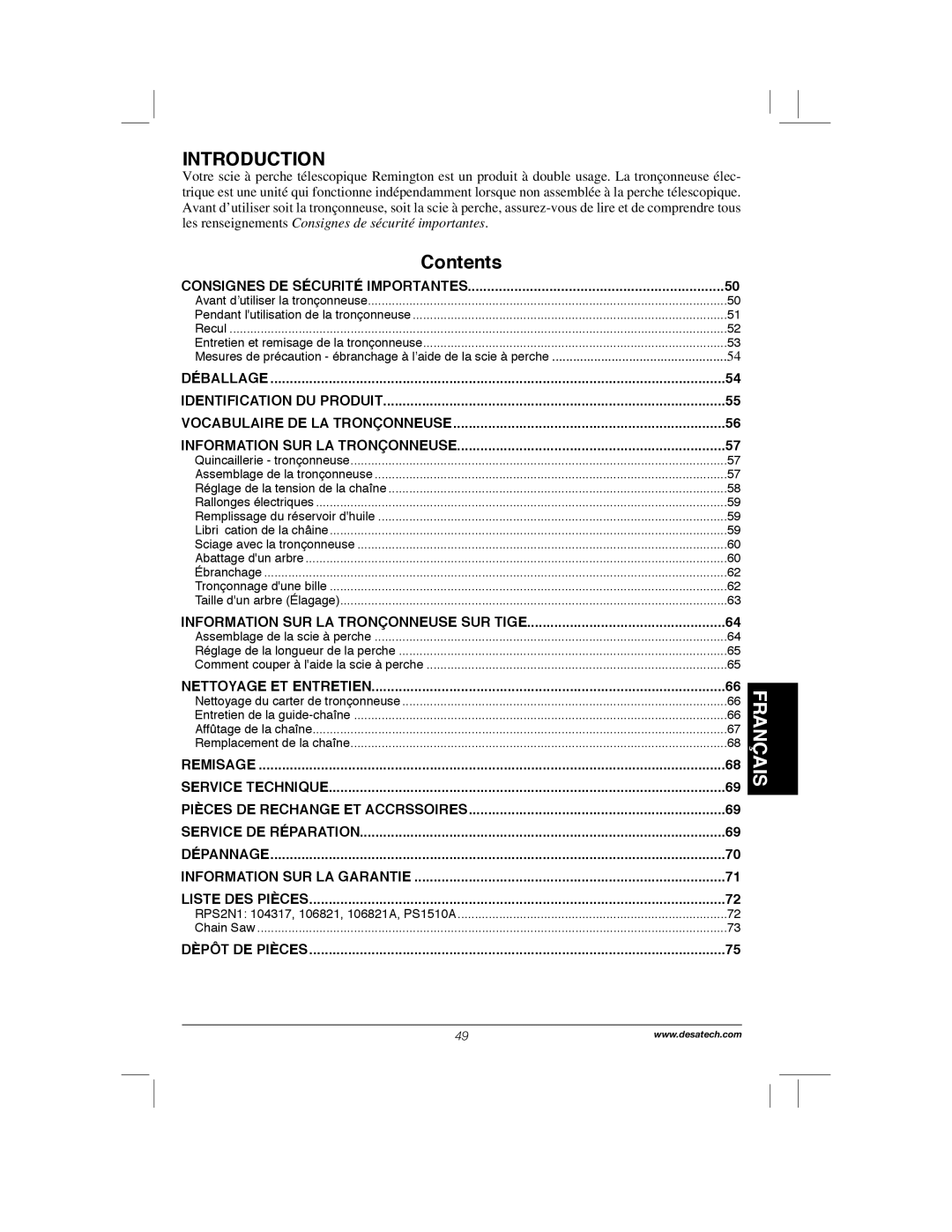 Remington Power Tools 104317, PS1510A manual Introduction, Consignes DE Sécurité Importantes, Nettoyage ET Entretien 