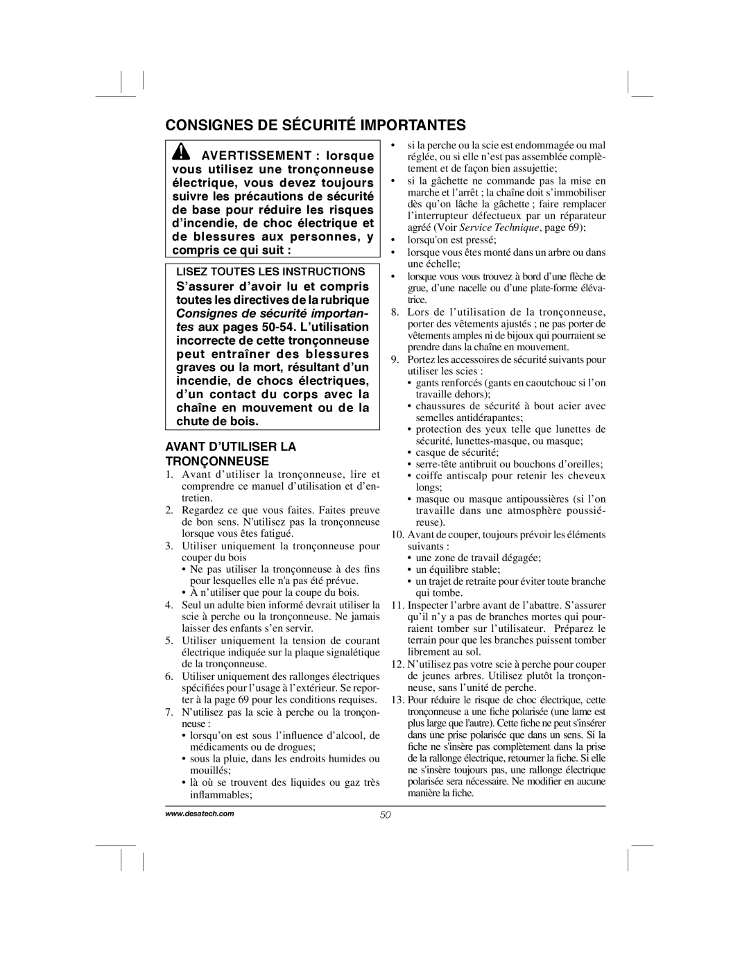 Remington Power Tools RPS2N1, 104317, PS1510A manual Consignes DE Sécurité Importantes, Avant D’UTILISER LA Tronçonneuse 