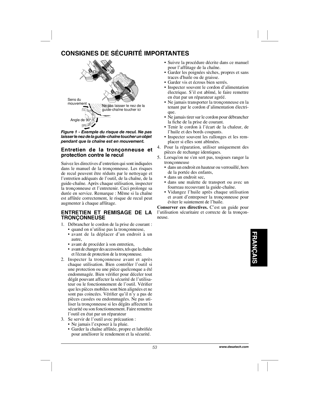 Remington Power Tools RPS2N1, 104317, PS1510A manual Entretien de la tronçonneuse et protection contre le recul 