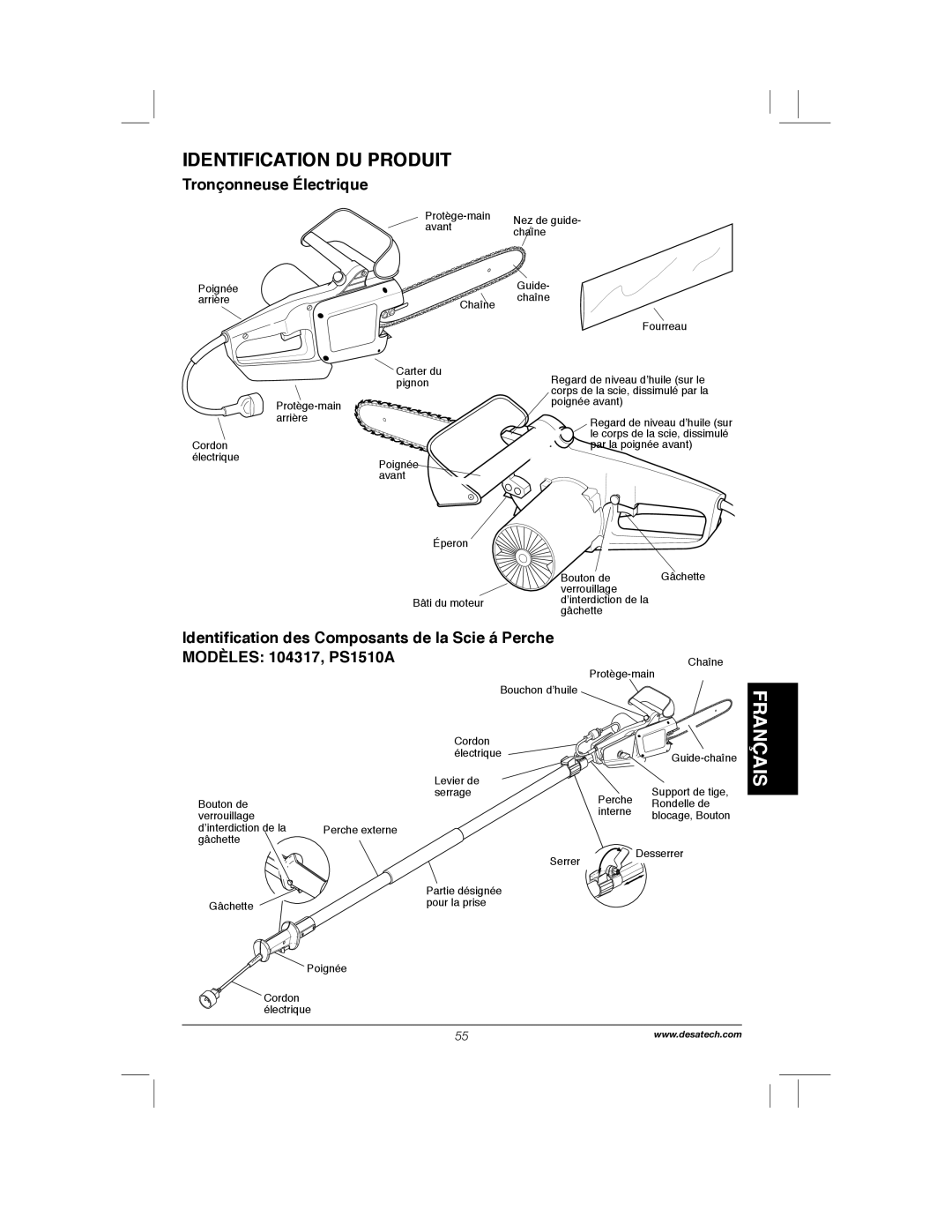 Remington Power Tools RPS2N1, 104317, PS1510A manual Identification DU Produit, Tronçonneuse Électrique 