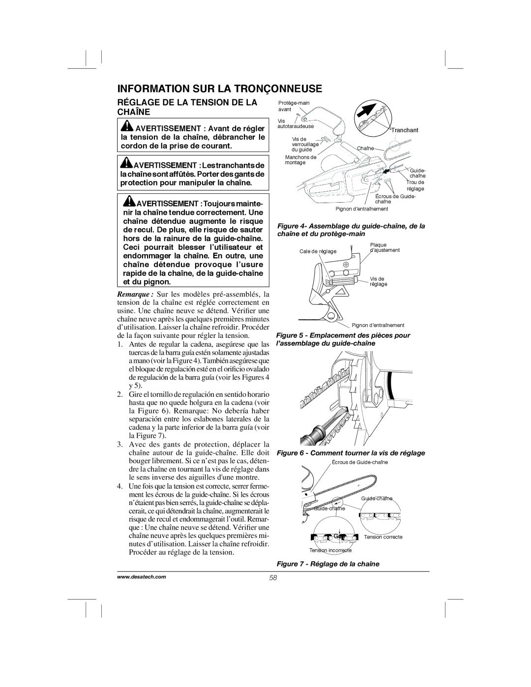 Remington Power Tools RPS2N1, 104317, PS1510A manual Réglage DE LA Tension DE LA Chaîne, Comment tourner la vis de réglage 