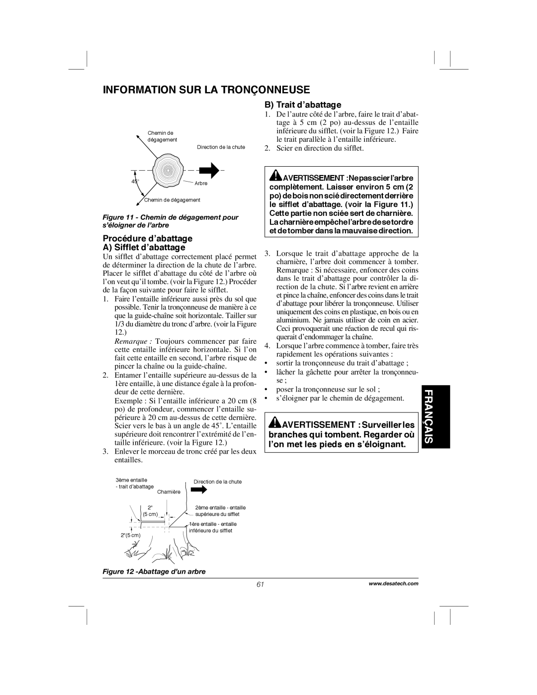 Remington Power Tools RPS2N1, 104317, PS1510A manual Procédure d’abattage Sifﬂet d’abattage, Trait d’abattage 